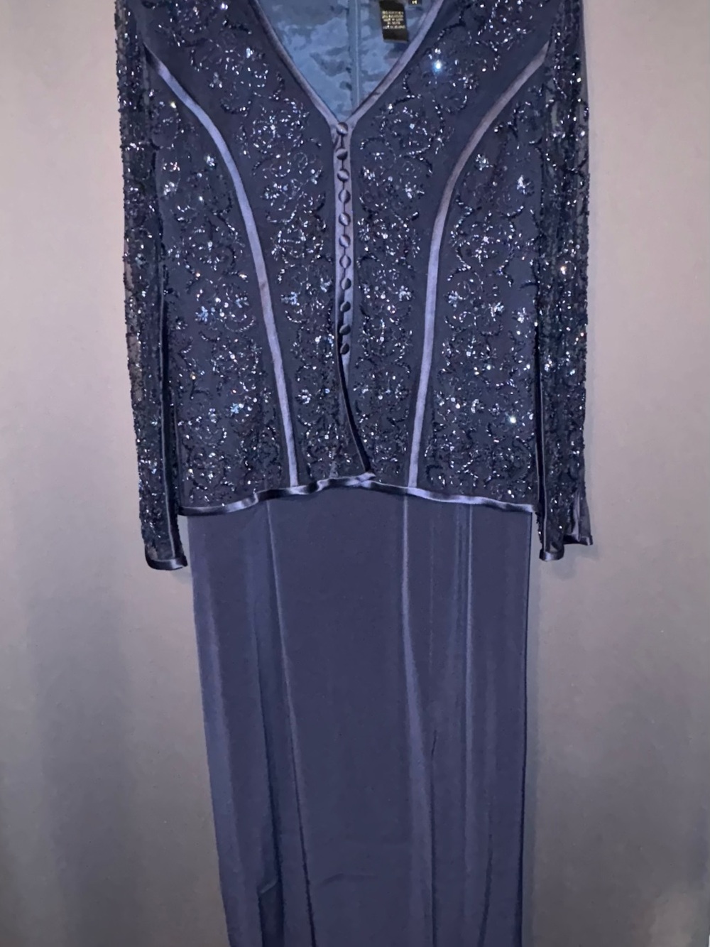 Vintage Beaded Long Sleeve Evening Dress in Navy